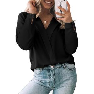 image:imageAstylish Womens Dressy Casual Blouse Long Sleeve Trendy Pullover Tops Placket V Neck Business Work ShirtBlack