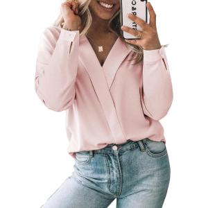 image:imageAstylish Womens Dressy Casual Blouse Long Sleeve Trendy Pullover Tops Placket V Neck Business Work ShirtLight Pink