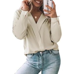 image:imageAstylish Womens Dressy Casual Blouse Long Sleeve Trendy Pullover Tops Placket V Neck Business Work ShirtParchment