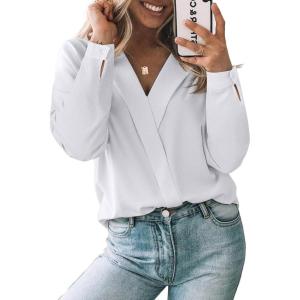 image:imageAstylish Womens Dressy Casual Blouse Long Sleeve Trendy Pullover Tops Placket V Neck Business Work ShirtWhite