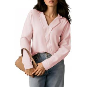 image:imageAstylish Womens Dressy Casual Blouse Long Sleeve Trendy Pullover Tops Placket V Neck Business Work ShirtsLight Pink