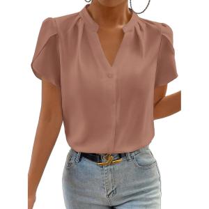 image:imageAstylish Womens Dressy Notched V Neck Tops Business Work Cap Sleeve Chiffon Blouse ShirtsDusty Pink