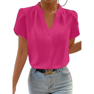 image:imageAstylish Womens Dressy Notched V Neck Tops Business Work Cap Sleeve Chiffon Blouse ShirtsHot Pink