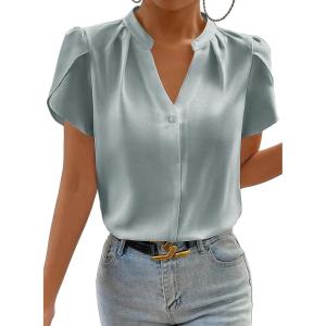 image:imageAstylish Womens Dressy Notched V Neck Tops Business Work Cap Sleeve Chiffon Blouse ShirtsMist Blue