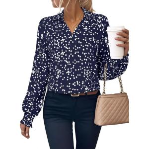 image:imageAstylish Womens Fashion Smocked Raglan Sleeves V Neck Collared Tops Chiffon Alicia Flower Print Blouses Spring Dressy Shirts Work Business Boho Tunic Dark Blue XLarge