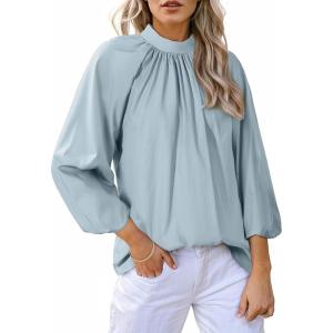 image:imageAstylish Womens Long Puff Sleeve Tops Ruffle Dressy High Mock Neck Blouse ShirtBeau Blue