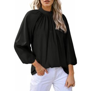 image:imageAstylish Womens Long Puff Sleeve Tops Ruffle Dressy High Mock Neck Blouse ShirtBlack