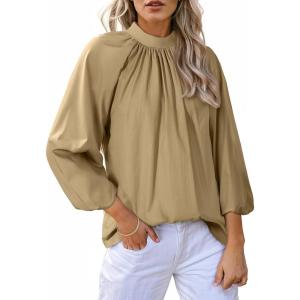 image:imageAstylish Womens Long Puff Sleeve Tops Ruffle Dressy High Mock Neck Blouse ShirtLight French Beige