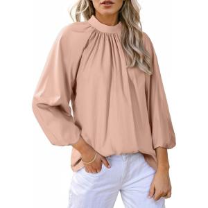 image:imageAstylish Womens Long Puff Sleeve Tops Ruffle Dressy High Mock Neck Blouse ShirtLight Pink