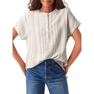 image:imageAstylish Womens Striped Henley Neck Linen Shirt Casual Button Down Cap Sleeve Blouse TopsBrown