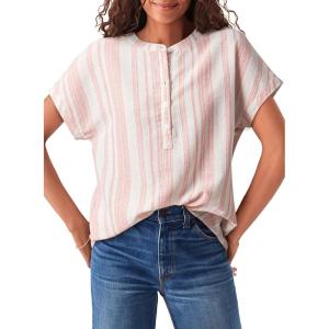 image:imageAstylish Womens Striped Henley Neck Linen Shirt Casual Button Down Cap Sleeve Blouse TopsFiery Red