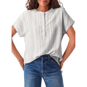image:imageAstylish Womens Striped Henley Neck Linen Shirt Casual Button Down Cap Sleeve Blouse TopsGray