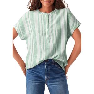 image:imageAstylish Womens Striped Henley Neck Linen Shirt Casual Button Down Cap Sleeve Blouse TopsGreen