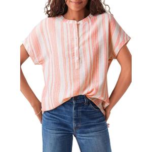 image:imageAstylish Womens Striped Henley Neck Linen Shirt Casual Button Down Cap Sleeve Blouse TopsOrange