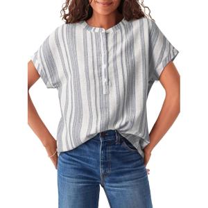 image:imageAstylish Womens Striped Henley Neck Linen Shirt Casual Button Down Cap Sleeve Blouse TopsWhite Stripe
