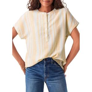 image:imageAstylish Womens Striped Henley Neck Linen Shirt Casual Button Down Cap Sleeve Blouse TopsYellow