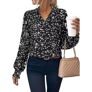 image:imageAstylish Womens Summer Polka Dots Smocked Long Sleeve Tops Dressy V Neck Comfortable Shirts Professional Blouses Casual Chiffon Tunic Clothes Black Small