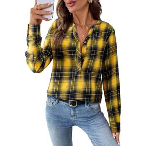 image:imageAstylish Womens V Neck Plaid Shirts Dressy Elegant Blouses ButtonDown Business Work Tops Long Sleeve 2025 Fall OutfitsYellow