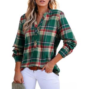 image:imageAstylish Womens V Neck Plaid Shirts Flannel Casual Blouses ButtonDown Business Long Sleeve Boho TopsMist Green