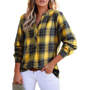 image:imageAstylish Womens V Neck Plaid Shirts Flannel Casual Blouses ButtonDown Business Long Sleeve Boho TopsYellow