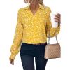 image:imageAstylish Womens Fashion Smocked Raglan Sleeves V Neck Collared Tops Chiffon Alicia Flower Print Blouses Spring Dressy Shirts Work Business Boho Tunic Yellow XLarge