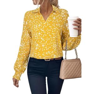 image:imageAstylish Womens Fashion Smocked Raglan Sleeves V Neck Collared Tops Chiffon Alicia Flower Print Blouses Spring Dressy Shirts Work Business Boho Tunic Yellow XLarge