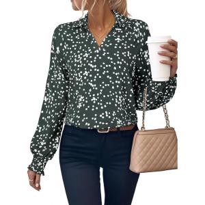 image:imageAstylish Womens Fashion Smocked Raglan Sleeves V Neck Collared Tops Chiffon Alicia Flower Print Blouses Spring Dressy Shirts Work Business Boho Tunic Green XLarge