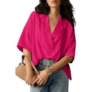 image:imageAstylish Womens Short Sleeve Collared V Neck BlouseRose Red
