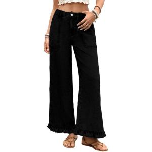 image:imageAstylish Women Wide Leg Jeans High Waisted Stretchy Straight Leg Ankle Jeans Baggy Ruffle Hem Summer 2026 Boho Denim Pants Black Size 10