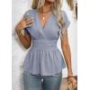 image:imageAstylish Womens Elegant Wrap V Neck Peplum Tops Cap Sleeve Stretchy Ruched Ruffle Dressy Blouses ShirtsBeau Blue