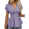 image:imageAstylish Womens Elegant Wrap V Neck Peplum Tops Cap Sleeve Stretchy Ruched Ruffle Dressy Blouses ShirtsOrchid Petal