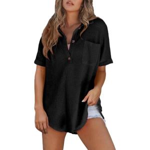image:imageAstylish Women Waffle Knit Tops Henley Shirts Long Sleeve V Neck Solid Color Casual TunicYz Black
