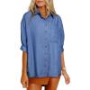 image:imageAstylish Women 2025 Denim Shirt Summer Oversized Short Sleeve V Neck Button Down Chambray Blouse Top with PocketSky Blue