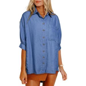 image:imageAstylish Women 2025 Denim Shirt Summer Oversized Short Sleeve V Neck Button Down Chambray Blouse Top with PocketSky Blue