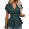 image:imageAstylish Womens Elegant Wrap V Neck Peplum Tops Cap Sleeve Stretchy Ruched Ruffle Dressy Blouses ShirtsSea Green