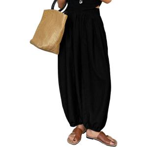 image:imageAstylish Womens Elastic High Waisted Baggy Barrel Pants 2026 Casual Lounge Boho Harem Trousers PantsBlack