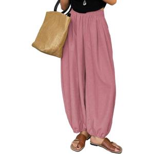 image:imageAstylish Womens Elastic High Waisted Baggy Barrel Pants 2026 Casual Lounge Boho Harem Trousers PantsFushia