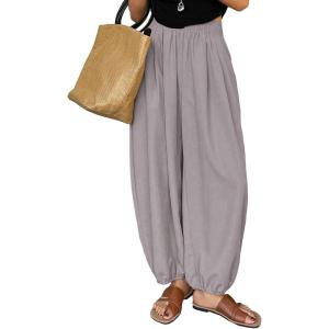 image:imageAstylish Womens Elastic High Waisted Baggy Barrel Pants 2026 Casual Lounge Boho Harem Trousers PantsGray