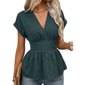 image:imageAstylish Womens Elegant Wrap V Neck Peplum Tops Cap Sleeve Stretchy Ruched Ruffle Dressy Blouses ShirtsSea Green