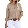 image:imageAstylish Women Button Down Denim Shirts Casual Long Sleeve V Neck Chambray Blouse TopZ Coffee