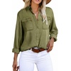 image:imageAstylish Women Button Down Denim Shirts Casual Long Sleeve V Neck Chambray Blouse TopZ Moss Green