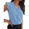 image:imageAstylish Womens 2026 Floral Chiffon Blouses V Neck Ruffle Sleeve Fitted Tops Boho Chic Tank ShirtsY Gingham Blue