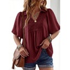 image:imageAstylish Womens Dressy Smocked V Neck Babydoll Peplum Tops Summer Puff Sleeve Cute Elegant Ruffle Blouse ShirtRed Dahlia