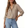 image:imageAstylish Women Button Down Denim Shirts Casual Long Sleeve V Neck Chambray Blouse TopZ Coffee