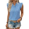 image:imageAstylish Womens 2026 Floral Chiffon Blouses V Neck Ruffle Sleeve Fitted Tops Boho Chic Tank ShirtsY Gingham Blue