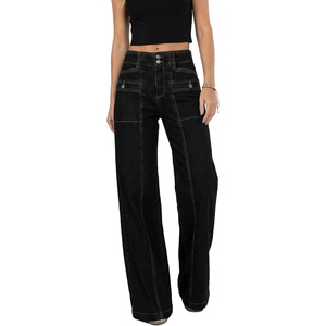 image:imageAstylish Straight Leg Jeans for Women High Waiste Stretchy Loose Denim Pants Casual Baggy Mom Jean TrousersBlack
