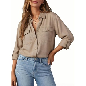 image:imageAstylish Women Button Down Denim Shirts Casual Long Sleeve V Neck Chambray Blouse TopZ Coffee