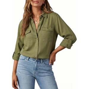 image:imageAstylish Women Button Down Denim Shirts Casual Long Sleeve V Neck Chambray Blouse TopZ Moss Green