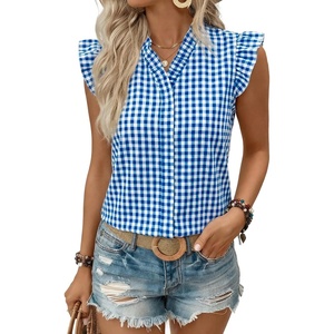 image:imageAstylish Womens 2026 Floral Chiffon Blouses V Neck Ruffle Sleeve Fitted Tops Boho Chic Tank ShirtsY Gingham Blue