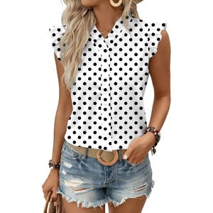 image:imageAstylish Womens 2026 Floral Chiffon Blouses V Neck Ruffle Sleeve Fitted Tops Boho Chic Tank ShirtsY Polka Dots White